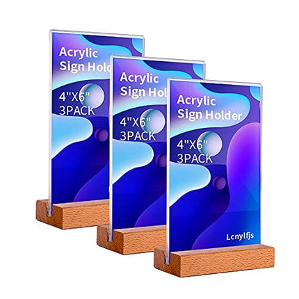 Lcnylfjs Acrylic Sign Holder 4 x 6 - Acrylic T Shape Table Top Display Stand, Double Sided, Bottom Load, Portrait Style Menu Ad Frame. Perfect for Restaurants, Promotions, Photo Frames,Office(3 Pack)