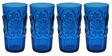 Le Cadeaux Break Resistant Polycarbonate Fleur Glasses, Blue, Set of 4, (20 ounce Tumblers)