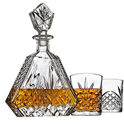 Whiskey Decanter Set with 2 Old Fashioned Whisky Glasses for Liquor Scotch Bourbon or Wine - Irish Cut Triangular