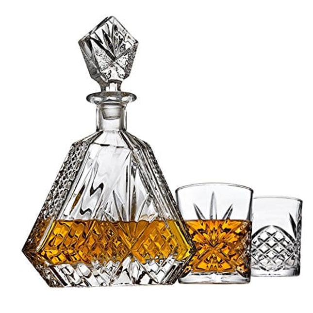 Whiskey Decanter Set with 2 Old Fashioned Whisky Glasses for Liquor Scotch Bourbon or Wine - Irish Cut Triangular