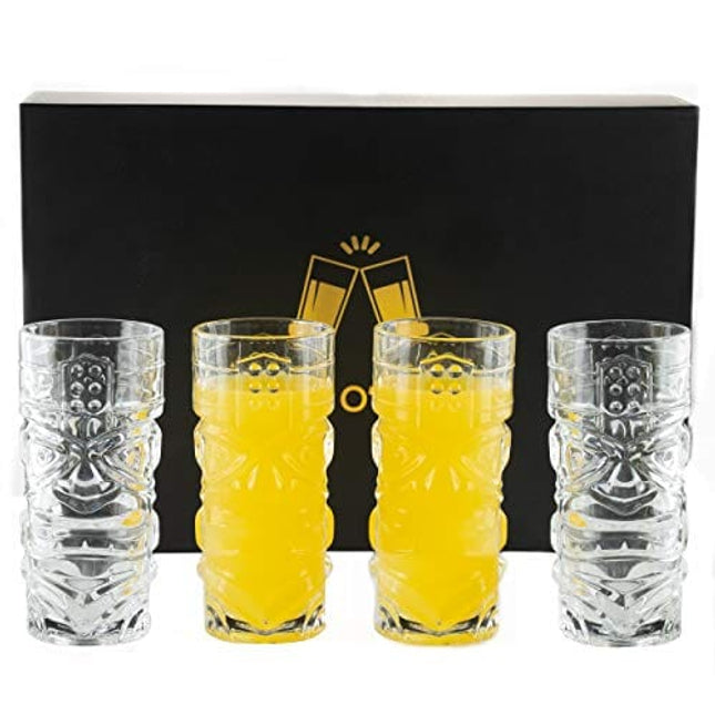Clear Tiki Glasses, Set of 4 - 450 ML - Perfect for Exotic Cocktails, Lemonade, Ice Tea, Mixed Drinks- Exotic Zombie, Rum, Mai Tai, Pina Colada, Punch, Hurricane, Bar Drinkware