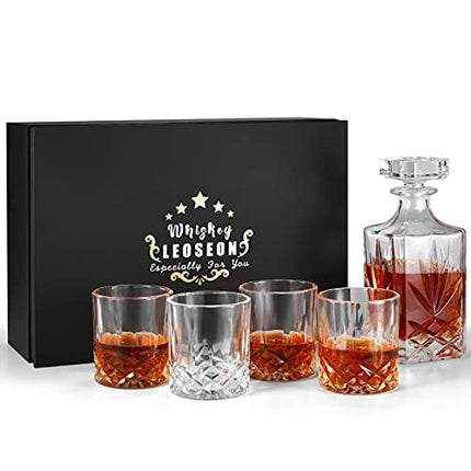 LEOSEON Premium Whiskey Decanter Set, 25 Oz decanter set with 4 Liquor 10 Oz Glasses, Made from 100% Lead-Free Glass, Elegant Gift Box