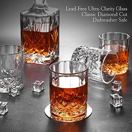 LEOSEON Premium Whiskey Decanter Set, 25 Oz decanter set with 4 Liquor 10 Oz Glasses, Made from 100% Lead-Free Glass, Elegant Gift Box