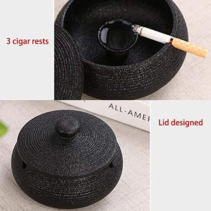 Lependor Ceramic Ashtray with Lids, Windproof, Cigarette Ashtray for Indoor or Outdoor Use，Ash Holder for Smokers,Desktop Smoking Ash Tray for Home Office Decoration - Black