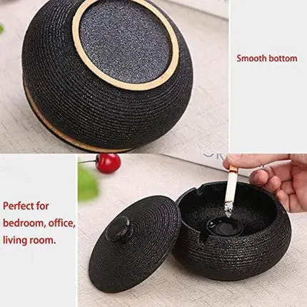 Lependor Ceramic Ashtray with Lids, Windproof, Cigarette Ashtray for Indoor or Outdoor Use，Ash Holder for Smokers,Desktop Smoking Ash Tray for Home Office Decoration - Black