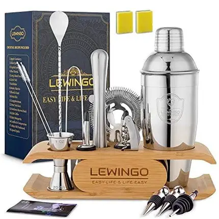 21-Piece Mixology Bartender Kit With Stand, LEWINGO Cocktail Shaker Set With 24 oz Martini Shaker, Strainer, Jigger, Stainless Steel Shakers Bartending Kit, Bar Set For Gift, Home Bar Kit And Recipe