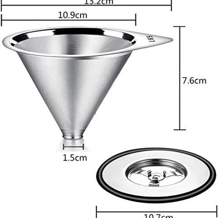 Pour Over Coffee Dripper Stainless Steel LHS Slow Drip Coffee Filter Metal Cone Paperless Reusable Single Cup Coffee Maker 1-2 Cup With Non-slip Cup Stand and Cleaning Brush