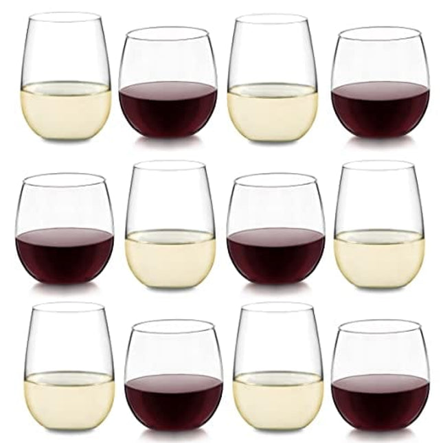 Libbey Stemless Wine Party Glasses (Set of 12), 16.75-Ounce Red Wine and 17-Ounce White Wine