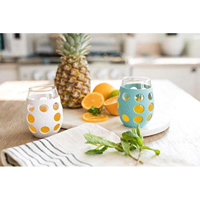 Lifefactory Wine Glass with Protective Silicone Sleeve, 4 Count (Pack of 1), Orange, Cobalt, Grass Green and Huckleberry