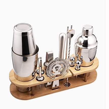 Cocktail Shaker with Bamboo Stand 17-Piece Martini Shaker, Drink Shaker, Stainless Steel Boston Shaker Bar Set, Professional Bar kit for Drink Mixing-silver