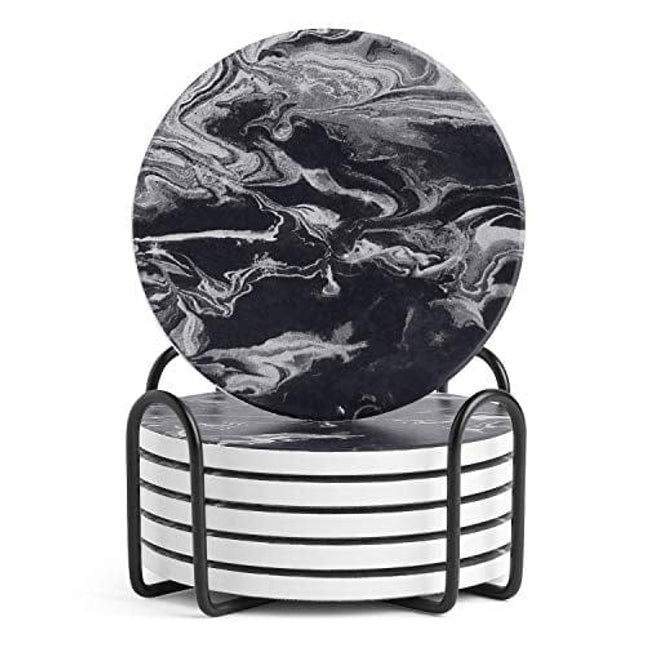 LIFVER Coasters with Holder, Set of 6 Coasters for Drinks Absorbent Stone, Black Marble Style Ceramic Drink Coaster for Tabletop Protection