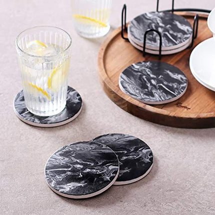 LIFVER Coasters with Holder, Set of 6 Coasters for Drinks Absorbent Stone, Black Marble Style Ceramic Drink Coaster for Tabletop Protection
