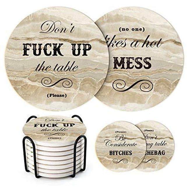 LIFVER Funny Coasters for Drinks Absorbent with Holder,8 Set Coasters with Cork Base, Ceramic Marble Style Drink Coaster with 4 Sayings for Wooden Table, Bar, Housewarming Gifts