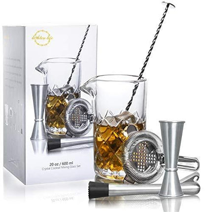 Lighten Life Cocktail Mixing Glass Set,Bar Mixing Set with 20oz Crystal Thick Bottom Glass,Spoon, Jigger,Strainer and Muddle,5 Pieces Cocktail Mixing Glass Kits Perfect for Amateurs and Bartenders