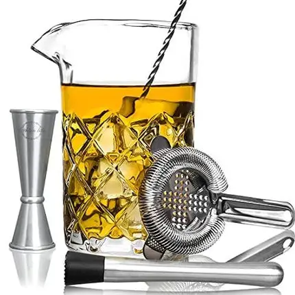 Lighten Life Cocktail Mixing Glass Set,Bar Mixing Set with 20oz Crystal Thick Bottom Glass,Spoon, Jigger,Strainer and Muddle,5 Pieces Cocktail Mixing Glass Kits Perfect for Amateurs and Bartenders