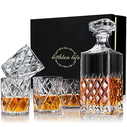 Lighten Life Whiskey Decanter Set,Italian Style Decanter Set with 4 Glasses in Gift Box,Crystal Bourbon Decanter Set for Scotch,Liquor,Whiskey Decanter Set for Men and Women