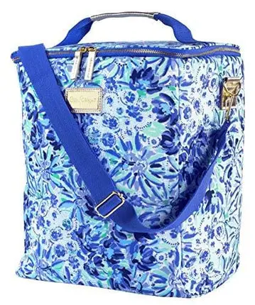 Lilly Pulitzer Blue Insulated Wine Carrier Soft Cooler with Adjustable/Removable Strap and Double Zipper Close, Holds up to 4 Bottles of Wine, High Manetenance