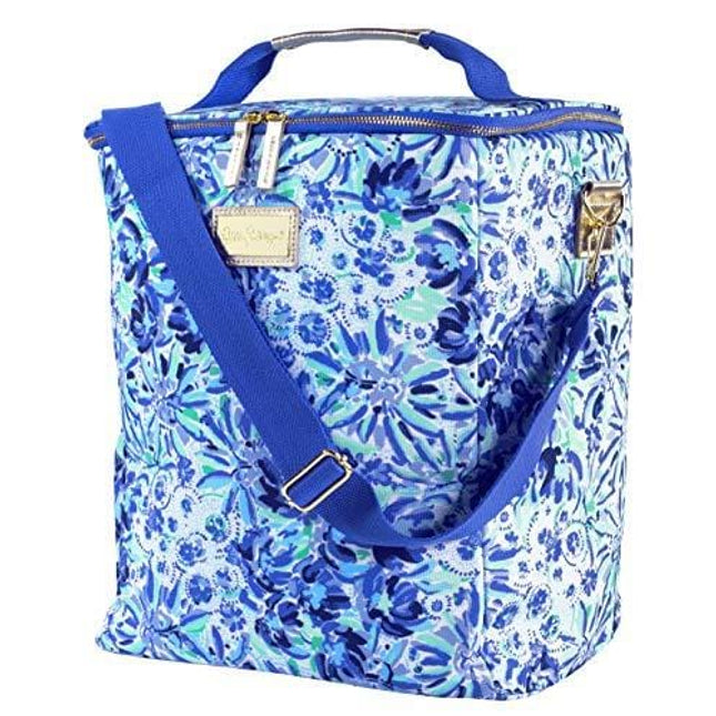 Lilly Pulitzer Blue Insulated Wine Carrier Soft Cooler with Adjustable/Removable Strap and Double Zipper Close, Holds up to 4 Bottles of Wine, High Manetenance