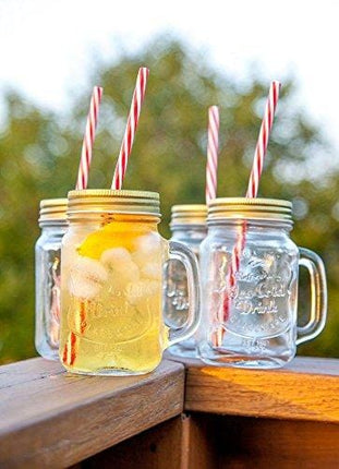 Lily's Home Old Fashioned Mason Jar Mugs with Handles, Tin Lids and Matching Reusable Plastic Straws, Great as Old Fashion Drinking Glasses at BBQs and Parties, Clear (16 oz. Each, Set of 4)