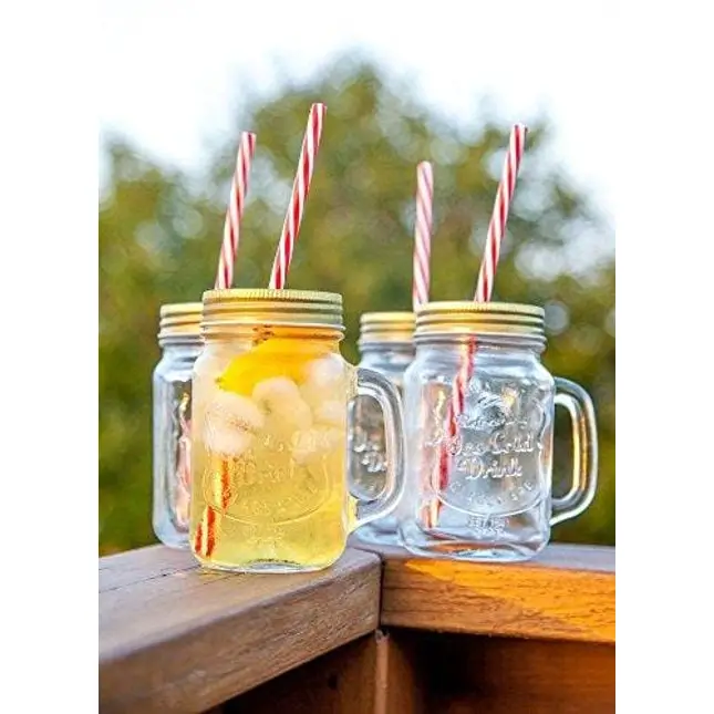 Lily's Home Old Fashioned Mason Jar Mugs with Handles, Tin Lids and Matching Reusable Plastic Straws, Great as Old Fashion Drinking Glasses at BBQs and Parties, Clear (16 oz. Each, Set of 4)