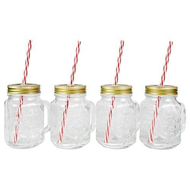 Lily's Home Old Fashioned Mason Jar Mugs with Handles, Tin Lids and Matching Reusable Plastic Straws, Great as Old Fashion Drinking Glasses at BBQs and Parties, Clear (16 oz. Each, Set of 4)