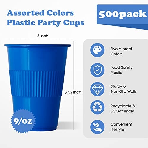 Lilymicky 500 Pack 9 oz Plastic Cups, Disposable Drinking Cups in Assorted Colors, 9 oz Plastic Party Cups With 5 Colors, Perfect for Picnics, Celebr