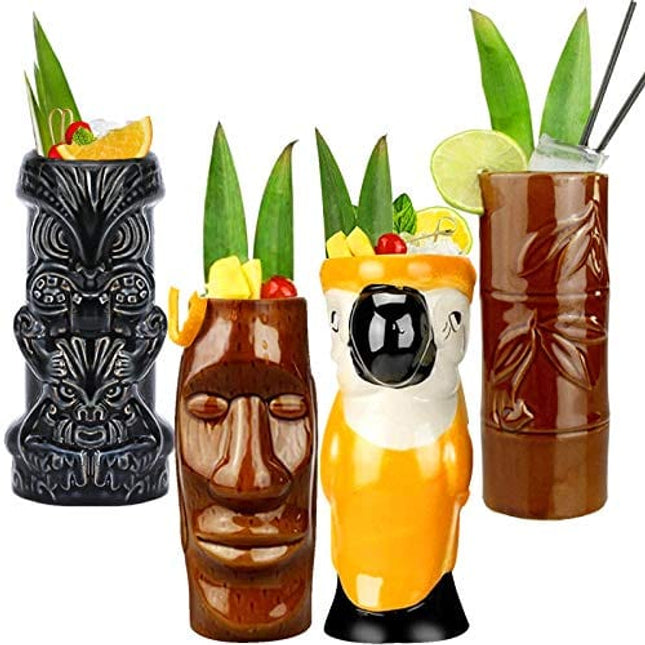 Tiki Mugs Cocktail Set of 4 - Large Tumblers Ceramic Hawaiian Luau Party Mugs Drinkware, Cute Exotic Cocktail Glasses, Tiki Bar Professional Hawaiian Party Barware (Mug Sets) - TKSET0010
