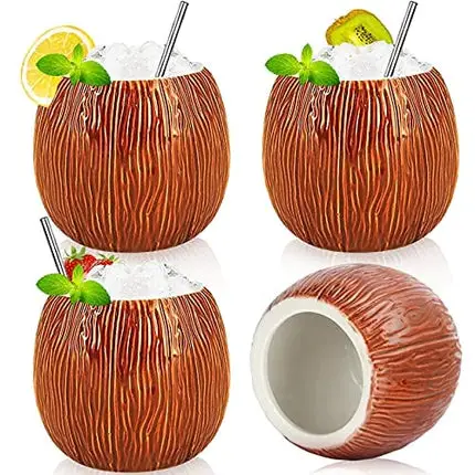 Tiki Mugs Set of 4 Coconut Cup Tiki Cups Ceramic Coconut Mugs 17 Ounces for Novelty Coffee Mugs