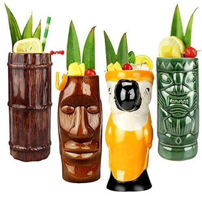 Tiki Mugs Cocktail Set of 4 - Ceramic Hawaiian Party Mugs Drinkware, Cute Exotic Cocktail Glasses, Tiki Bar Professional Hawaiian Party Barware, TKSET0001