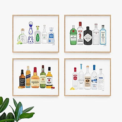 Bar Art Set of 4 | Wall Art | Poster | Art Print | Dorm Room Decor | Made in USA | Gallery Grade | Poster | Vodka | Gin | Whiskey | Tequila | 4 Unframed (8x10)
