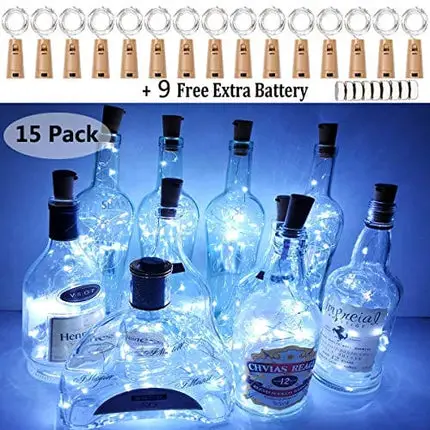 LiyuanQ Wine Bottle Lights with Cork, 15 Pack Battery Operated Cork Lights + 9 PCS Extra Replacement Batteries with Fairy Mini String Lights for Party Wedding Decor Cool White (Bottle not Included)