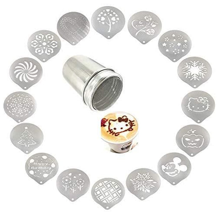 Lofekea Stainless Steel Powder Shakers Coffee Cocoa Cinnamon Shaker Cans Mesh Duster With 16PCS Stainless Steel Barista Coffee Decorating Stencils Template For Latte Cappuccino, Cupcake Stencils
