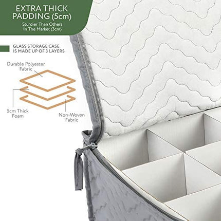 LotFancy Stemware Storage Container - Deluxe Quilted Storage Case with Dividers for 12 - Wine Glasses, Champagne Flutes, Glassware, Drinkware Storage Chest, 15.5”x12.5”x 10”, Gray