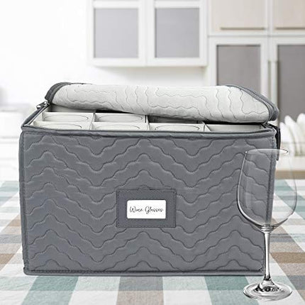 LotFancy Stemware Storage Container - Deluxe Quilted Storage Case with Dividers for 12 - Wine Glasses, Champagne Flutes, Glassware, Drinkware Storage Chest, 15.5”x12.5”x 10”, Gray
