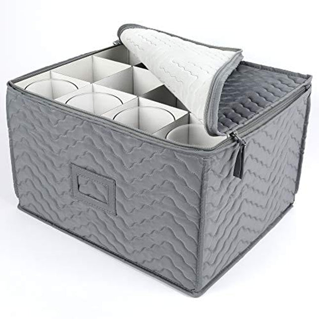 LotFancy Stemware Storage Container - Deluxe Quilted Storage Case with Dividers for 12 - Wine Glasses, Champagne Flutes, Glassware, Drinkware Storage Chest, 15.5”x12.5”x 10”, Gray