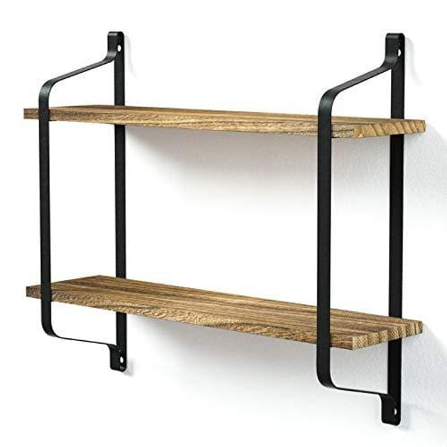 Love-KANKEI Rustic Floating Shelves Wall Mounted Industrial Wall Shelves for Pantry Living Room Bedroom Kitchen Entryway 2 Tier Wood Storage Shelf Heavy Duty Carbonized Black