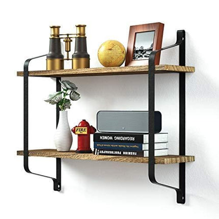Love-KANKEI Rustic Floating Shelves Wall Mounted Industrial Wall Shelves for Pantry Living Room Bedroom Kitchen Entryway 2 Tier Wood Storage Shelf Heavy Duty Carbonized Black