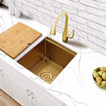 LQS Gold Undermount Bar Sink, RV Sink, Handmade Stainless Steel Bar Sink 15" x 17", 16 Gauge Workstation Sink, Small Single Bowl Kitchen Sink with Cutting Board, Sink Protectors and Accessories
