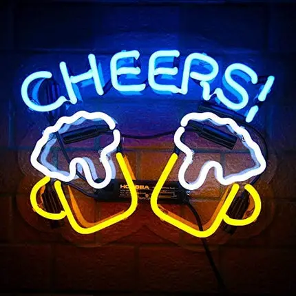 Cheers Real Glass Neon Signs Beer Bar Club Bedroom Neon Lights for Office Hotel Pub Cafe Man Cave Wedding Birthday Party Man Cave Neon Light Art Wall Lights 14.5" x 12" Blue