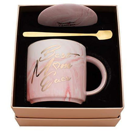 Luspan Moms Mug Gifts - Best Gifts for Mom - Best Mom Ever Pink Marble Ceramic Coffee Cup 11.5oz and FREE Lid