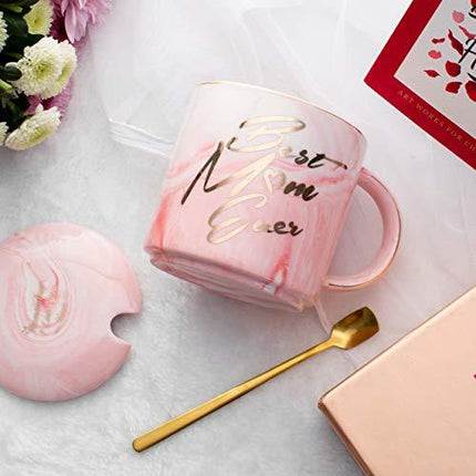 Luspan Moms Mug Gifts - Best Gifts for Mom - Best Mom Ever Pink Marble Ceramic Coffee Cup 11.5oz and FREE Lid