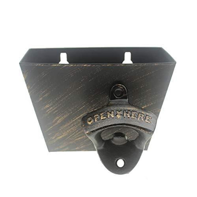 Cast Iron Beer Bottle Opener Wall Mounted and Stainless Steel Bottle Cap Catcher Set with Screws Open Here for Man Cave Patio Kitchen (Aged Gold Against Black)1
