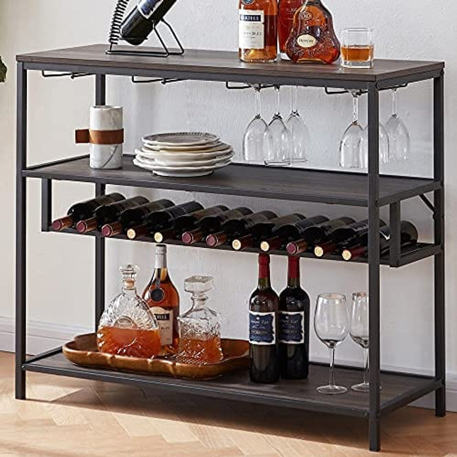LVB Wine Rack Table, Liquor Bar Cabinet Freestanding Floor, Wooden Rustic Wine Storage with Wine Shelf and Glass Holder, Metal and Wood Modern Wine Cabinet for Home with Wine Bottle Rack, Grey Oak