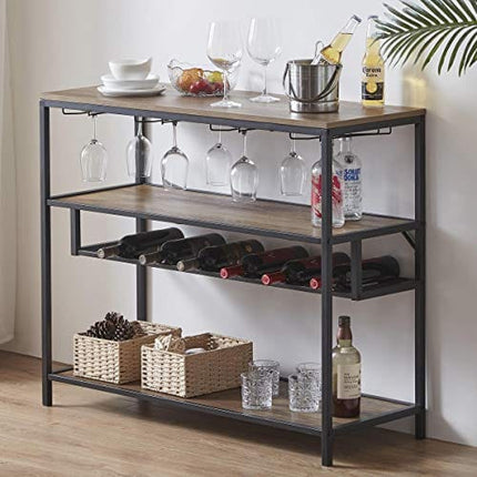 LVB Wine Rack Table, Modern Metal and Wood Wine Bar Cabinet Freestanding Floor, Liquor Wine Storage Stand with Bottle Shelf and Glass Holder for Home Kitchen Dining Room, Rustic Oak, 40 Inch