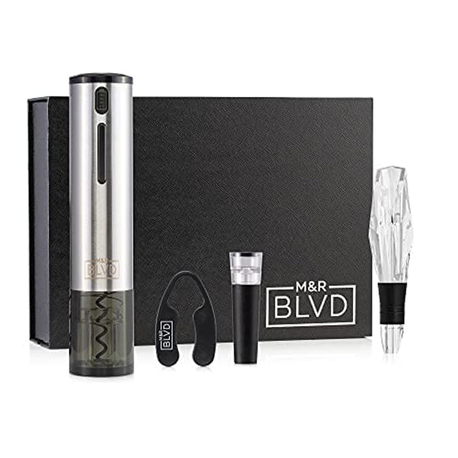 Electric Wine Opener Set by M&R Blvd | Deluxe Electric Wine Bottle Opener with Foil Cutter, Aerator, and Stopper | Bar Accessory & Wine Gift Kit | Rechargeable Electric Corkscrew – USB Charging Cable