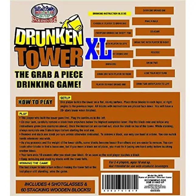 Mɑtty's Toy Stop Deluxe 60pc XL Wood Drunken Tower The Grab A Piece Drinking Game with Shot Glasses & Storage Bag
