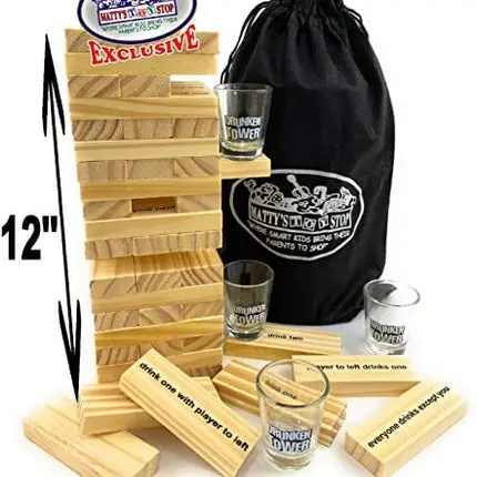 Mɑtty's Toy Stop Deluxe 60pc XL Wood Drunken Tower The Grab A Piece Drinking Game with Shot Glasses & Storage Bag