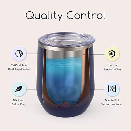 Maars Bev Stainless Steel Stemless Wine Glass Tumbler with Lid, Vacuum Insulated 12 oz Cup | Spill Proof, Travel Friendly, Classic Cocktail Drinkware - Midnight Blue
