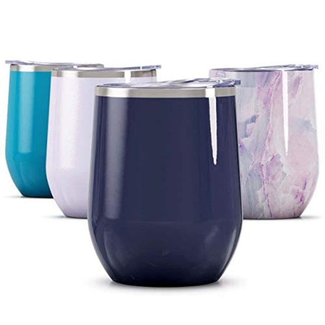 Maars Bev Stainless Steel Stemless Wine Glass Tumbler with Lid, Vacuum Insulated 12 oz Cup | Spill Proof, Travel Friendly, Classic Cocktail Drinkware - Midnight Blue