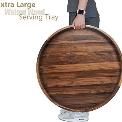 Advanced Mixology 24 Inches Extra Large Round Black Walnut Wood Ottoman Tray with Handles, Serve Tea, Coffee or Breakfast in Bed, Classic Circular Wooden Decorative Serving Tray
